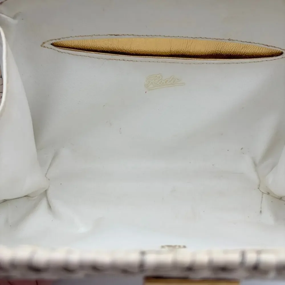 Rodo Italy Woven Cane Leather Box Clutch Ivory Gold Tone Vintage Bag
